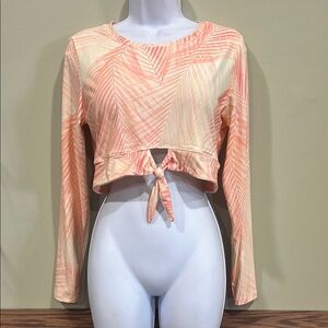 NWT Calia Tie Front Crop Soft Palms Coral Lycra Rash Guard Swim Top Sz L UPF 50+
